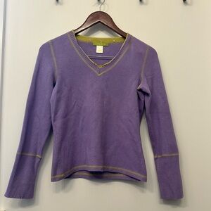 Sigrid Olsen Silk Cotton V-Neck Sweater Purple Lavender Green Trim Small EUC